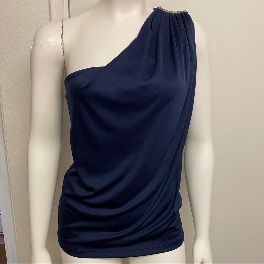 7 For All Mankind navy blue one shoulder beaded‎ top xs